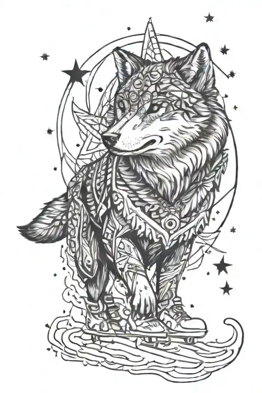 A Wolf Gracefully Ice Skating Under The Stars Forming