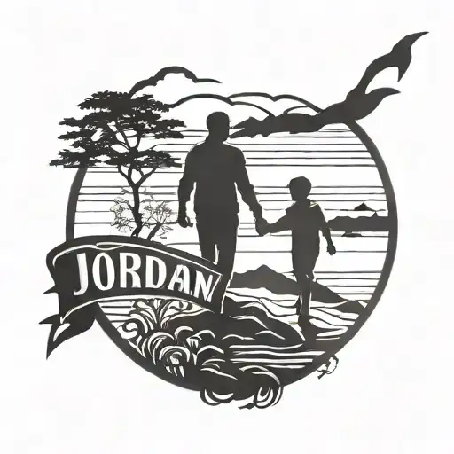 A Father And Son Silhouette Holding Hands With The Name 'Jordan' Incorporated Into The Design