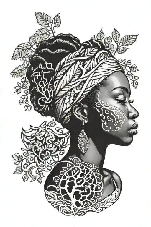 African Woman With Head Wrap With Line On The Side Tree Of Life