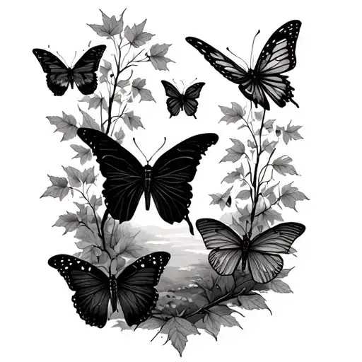 A Beautiful Autumn Scene With A Family Of Butterflies Flying Over A Serene Nature Landscape