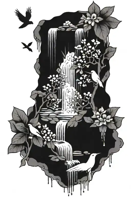 A Dotwork Tattoo Of A Peaceful Waterfall With Birds And Flowers Cascading Down In A Tranquil Scene