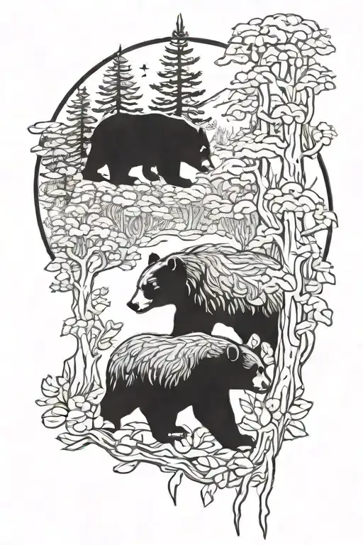 A Detailed Blackwork Tattoo Of A Bear Foraging For Mushrooms In A Colorful Fall Forest