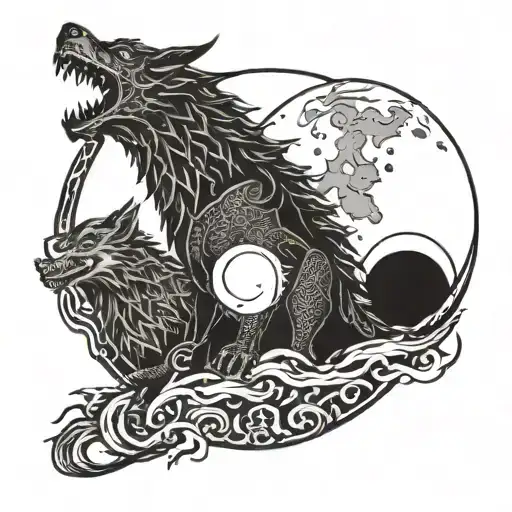 A Dragon With A Moon And A Wolf Howling
