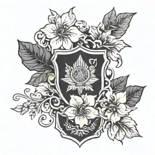 A Blackwork Tattoo Of A Police Badge Intertwined With Delicate Flower Vines