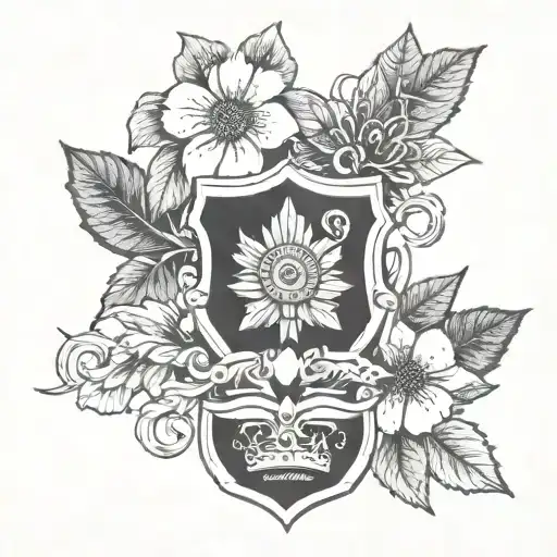 A Blackwork Tattoo Of A Police Badge Intertwined With Delicate Flower Vines