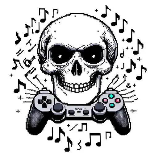 A Pixelated Skull Surrounded By Musical Notes And Video Game Controllers
