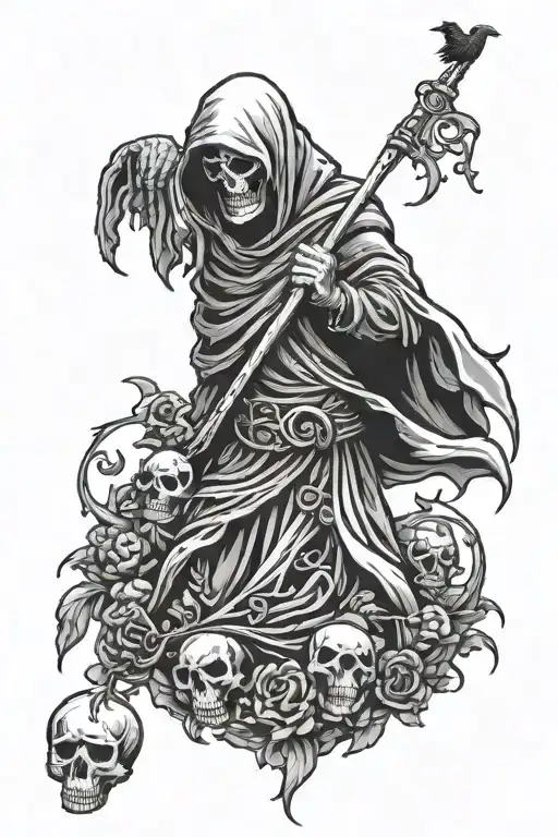 Grim Reaper With Skull Holding A Crow In Right Hand
