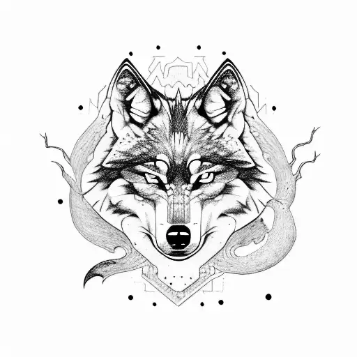 Wolf Head Surrounded By Amazon Forest And Human Skulls