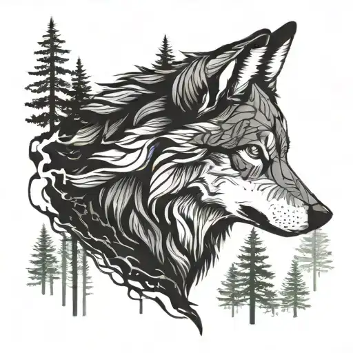 Forest Landscape In A Wolf Head He Is Profile And A Shadow Of A Wolf Under The Face