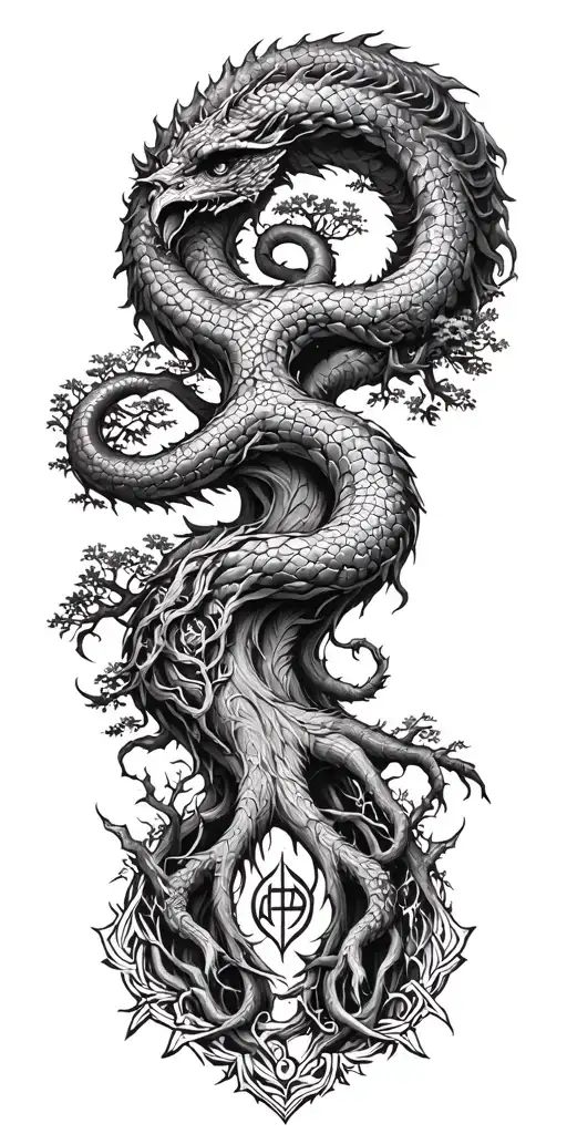 Yggdrasil With Jormungandr Tree Norse Runes