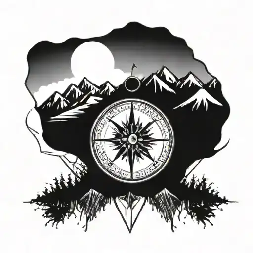 Compass Surrounded With Mountains And A Lake