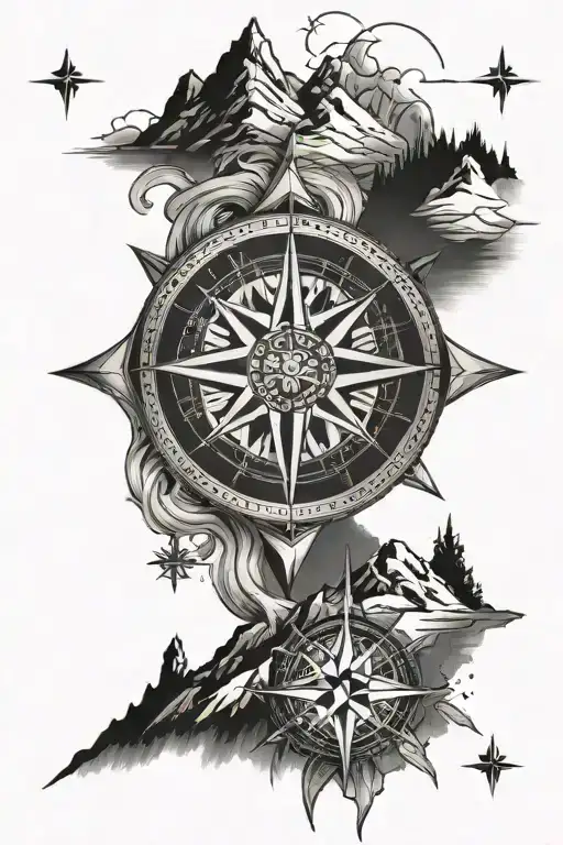 Compass Rose With Mountains Above North Side View