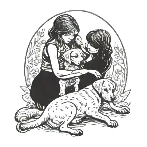 Two Girls Playing With A Labrador Dog