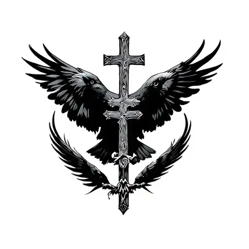 Raven Flying Over Three Crosses