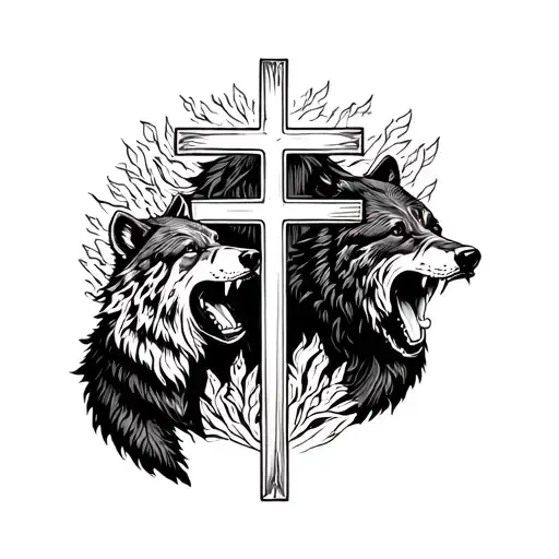 Bear And Wolf Roaring Around Three Crosses