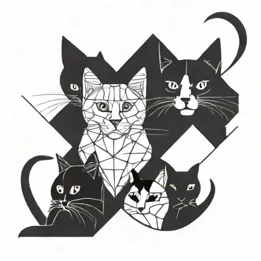 A Geometric Design Incorporating Various Cat Silhouettes In Blackwork Style