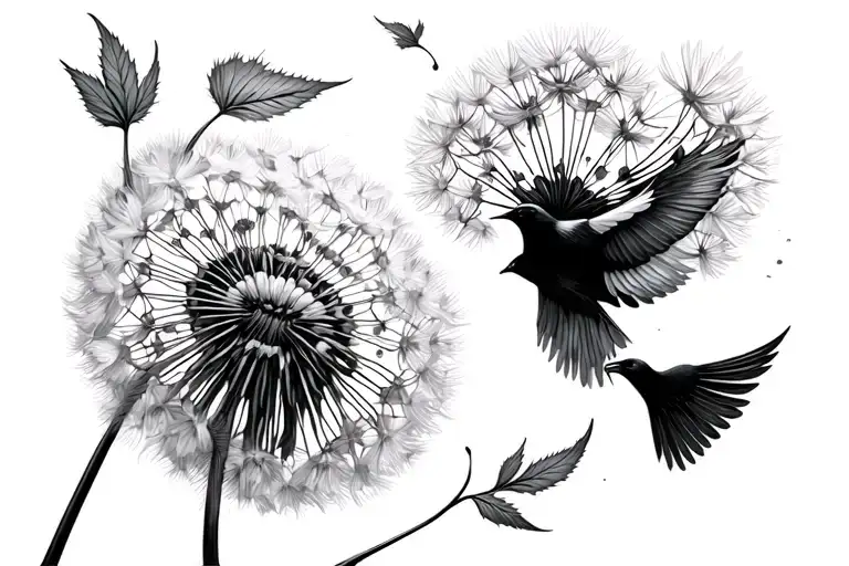 White Dandelion With Leaves Blowing Away And Turning Into Birds