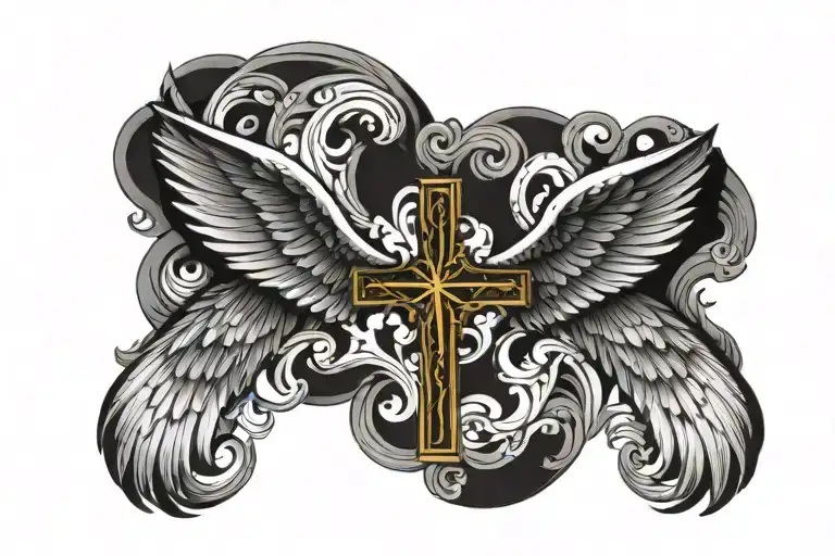 A Cross With Angel Wing Attached Near The Bottom Half