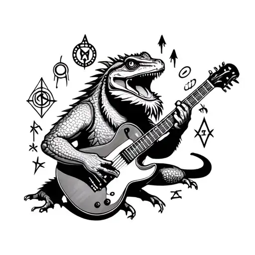 A Bearded Dragon Playing A Guitar Surrounded By Paranormal Symbols