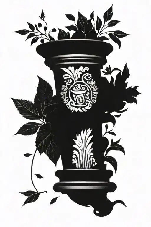 Greek Column Pillar With Pathos Plant On Top In Pot