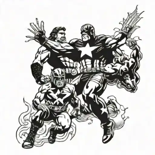 A Tattoo Featuring A Mashup Of Marvel Superheroes And Wwe Wrestlers In A Cosmic Battle Scene