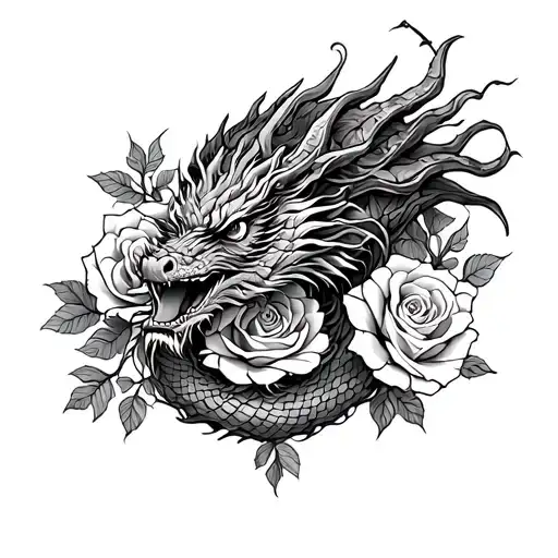 Dragon And Roses Intertwined