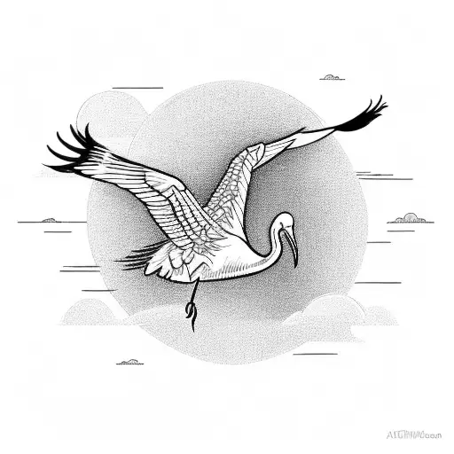 Crane In Flight To The Sun