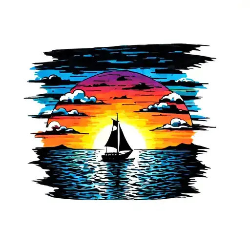 A Colorful Sunset Over The Ocean With A Sailboat In The Distance