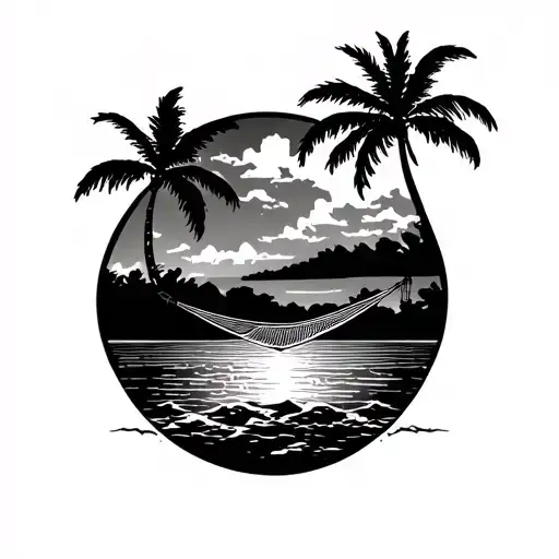 Tropical Island Landscape With Palm Trees And A Hammock Overlooking The Ocean