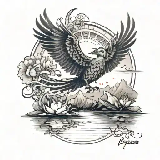 A Majestic Phoenix Soaring Over A Mountain Range And Field Of Lotus Flowers Reflected