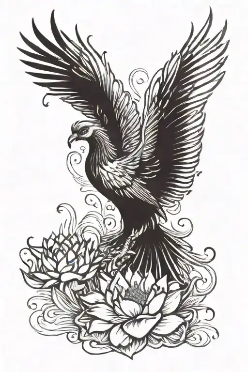 A Majestic Phoenix Soaring Over A Field Of Lotus Flowers