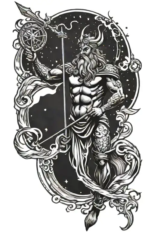 Poseidon Holding A Trident With Capricorn Constellation Merging