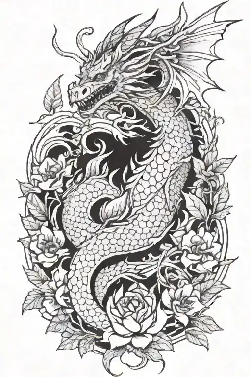 Dragon With Big Wings In Flowers