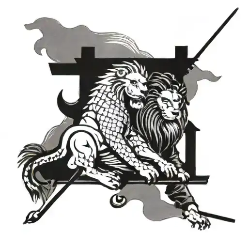 A Lion And Samurai Facing Off In A Traditional Japanese Setting