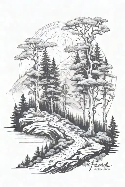 Forest With Trail Winding Up A Mountain