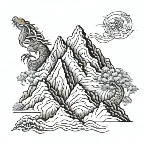 A Mountain Range With A Hidden Dragon Peeking Out From Behind One Of The Peaks