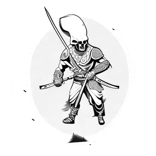 Fighting Scene With A Skull-headed Warrior Holding A Scythe