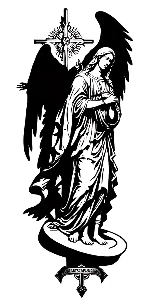 Saint Michael The Archangel With A Cross And Virgin Mary Next To Him