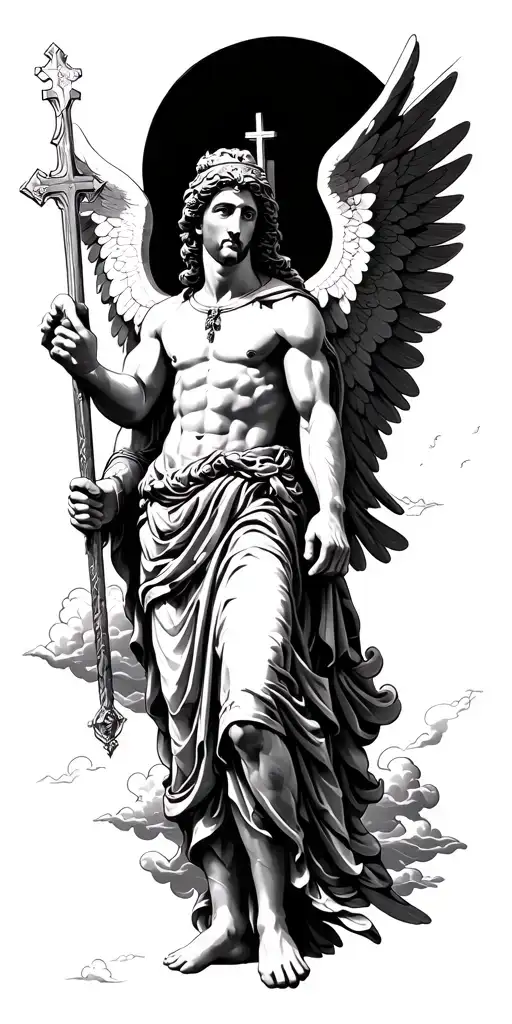Saint Michael The Archangel With Wings And A Cross And Clouds