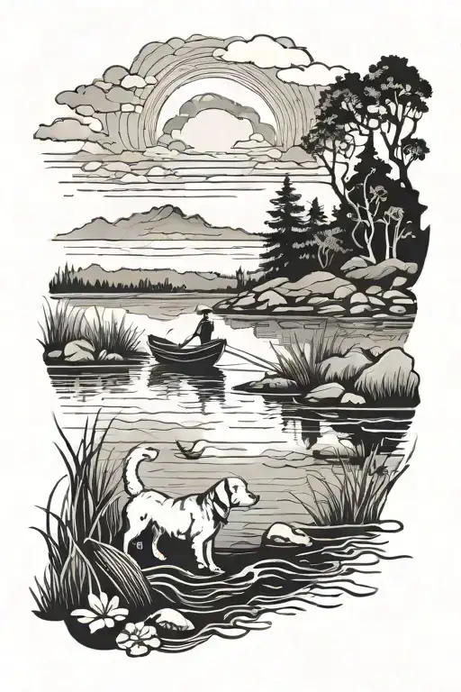A Serene Lake Scene With A Fishing Boat And A Dog Swimming Around