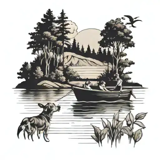 A Serene Lake Scene With A Motor Boat And A Dog Swimming Around