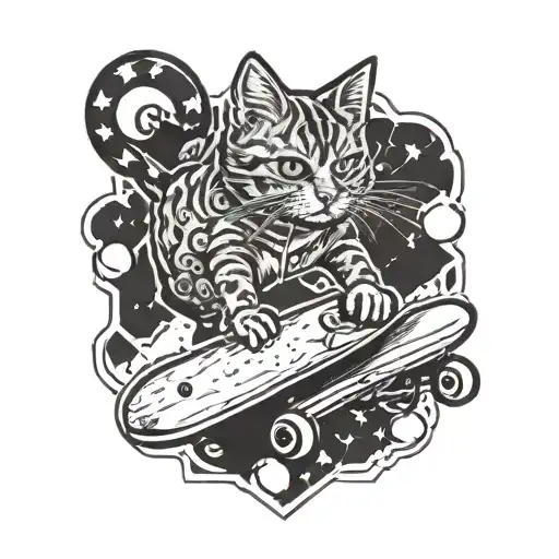 A Cat Skateboarding With Pop Punk Stickers On Its Board
