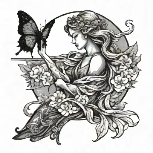 Sun In The Sky Angel On The Right Side And Butterfly On The Right