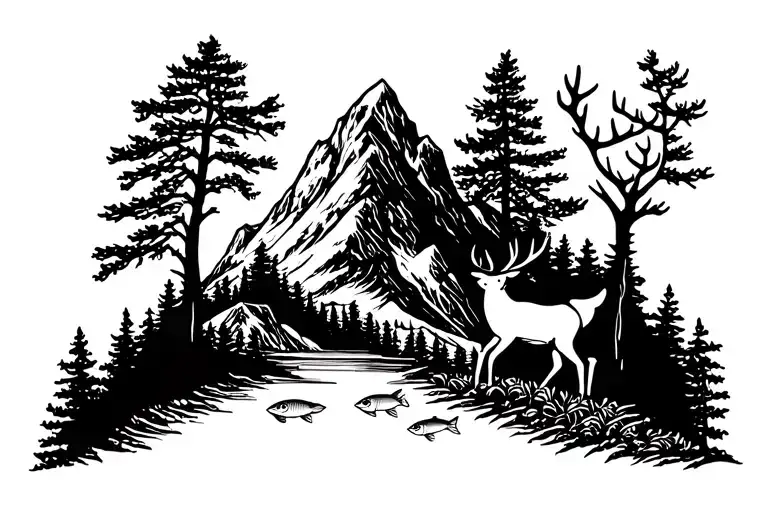 Mountain With Fish And Trees And Deer