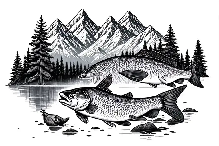 Mountains With Detailed Fish And Detailed Trees And Detailed Deer