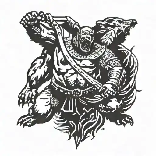 A Fierce Gladiator Battling A Bear In A Hardcore Blackwork Style