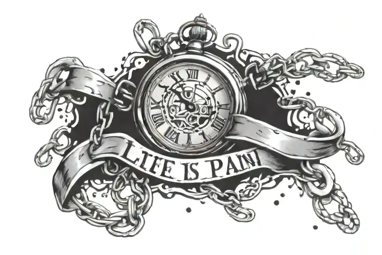 Life Is Pain Lettering With Broken Watch Surrounded By Chains