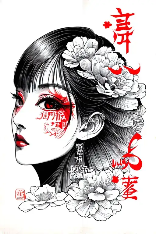 Japanese Women Face With Red Japanese Word On Eyes