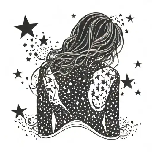 Silhouette Of A Young Girl Back View Looking Up With Hundres Of Mini Stars