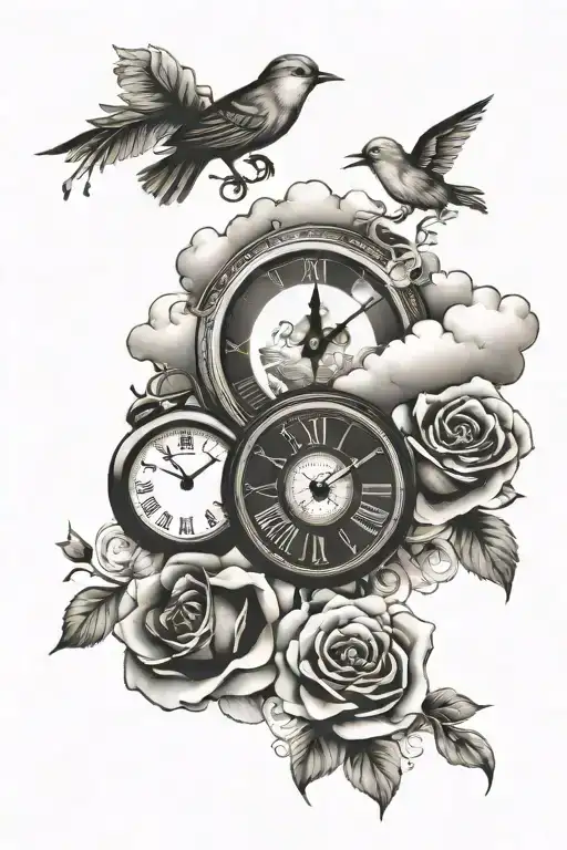 Clouds Time Clock Birds Rose